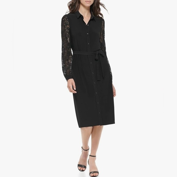 Tommy Hilfiger Black Button Down Long Lace Sleeve Midi Dress- NWT- Size 4 - Picture 1 of 12